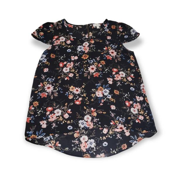 C Black Floral Print Short Sleeve Open Pit Blouse Shirt - Size Medium - Picture 1 of 4